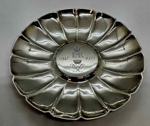 Asprey’s of London Queen Elizabeth and the Duke of Edinburgh silver anniversary pin dish
