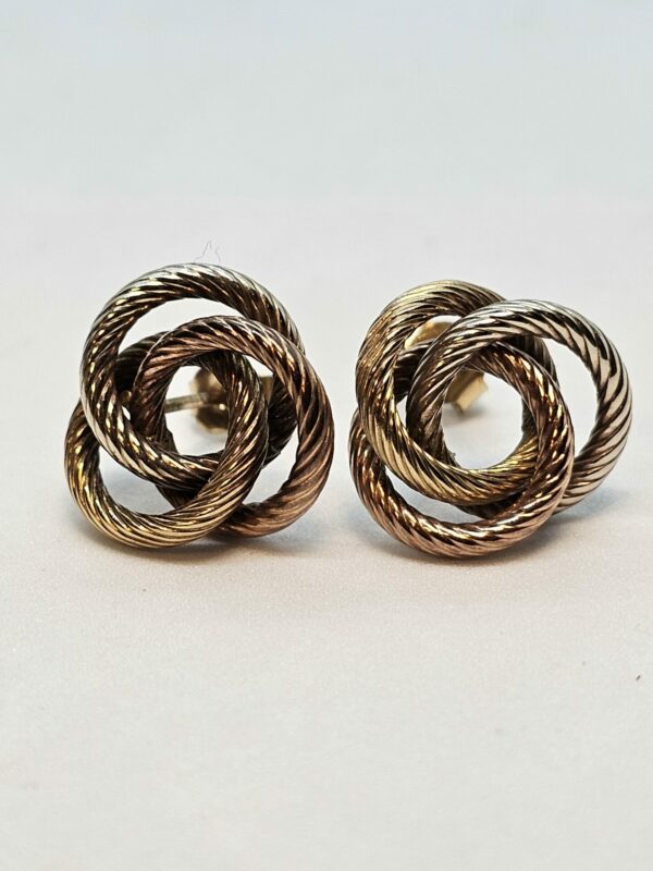 Three colour gold knot earrings