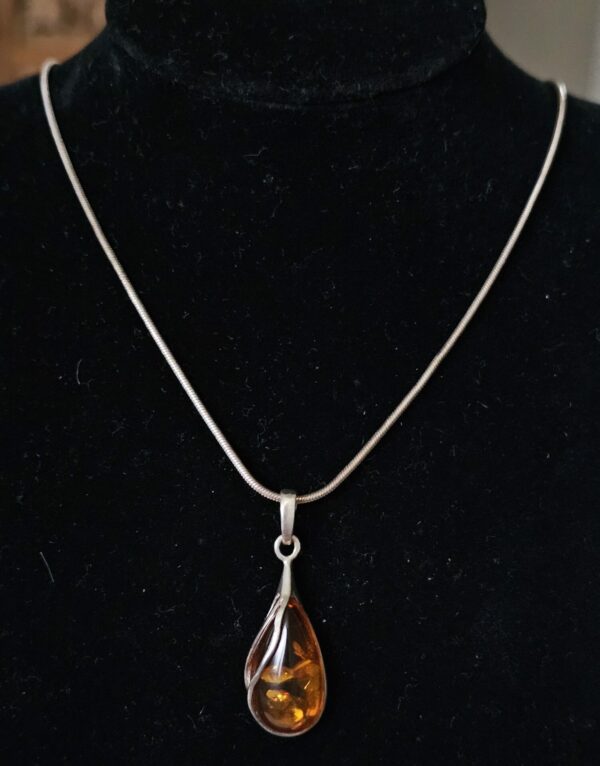 Silver Necklace with Amber teardrop pendant