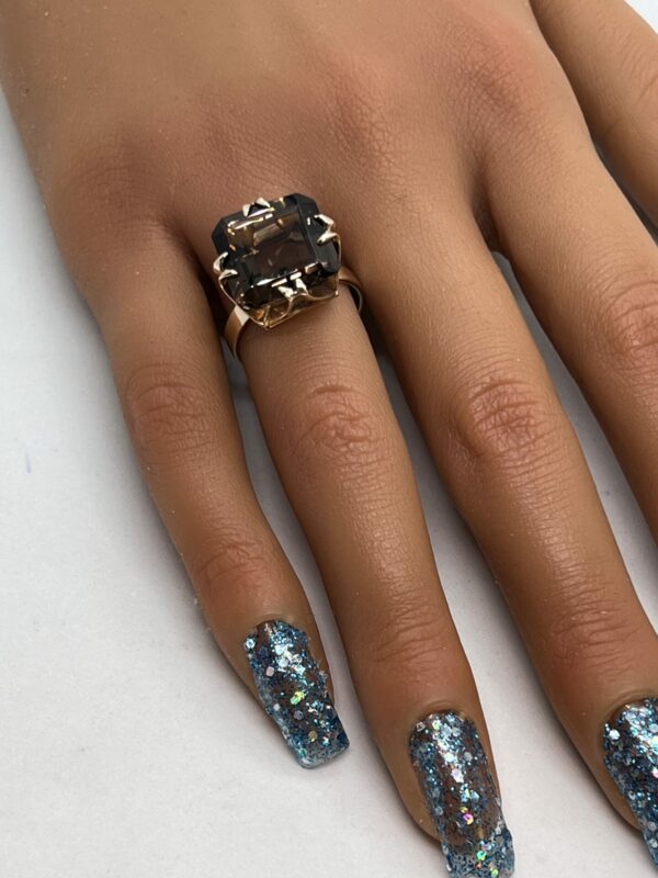 Large cushion cut Smokey quartz 9ct gold dress ring