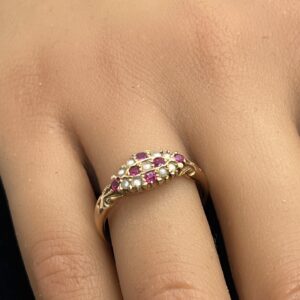 Antique 15ct gold seed pearl and spinel ladies ring