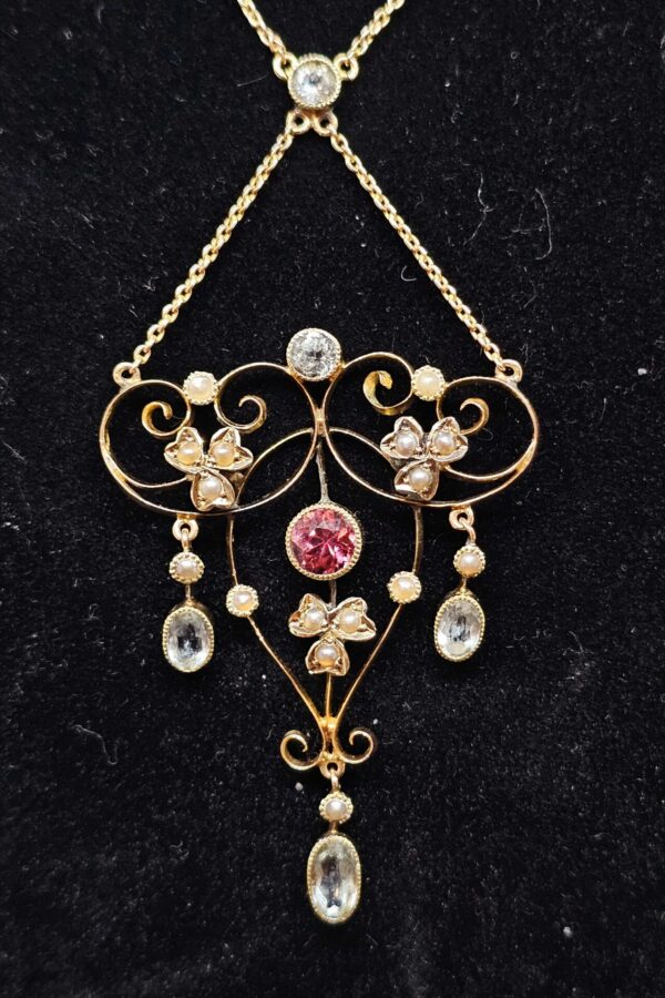 Filigree aquamarine necklace with tourmaline and natural pearls