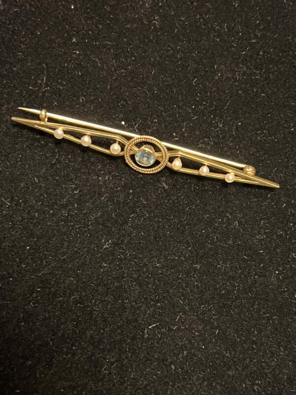 Antique 15ct gold pearl and topaz set bar brooch - Image 4