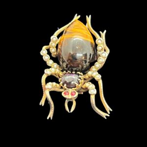 Tigereye garnet and seed pearl silver gilt Victorian spider brooch