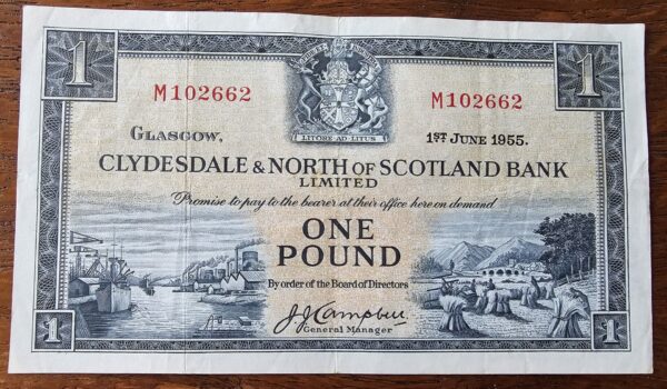 1955 Clydesdale and North of Scotland Bank One pound Banknote