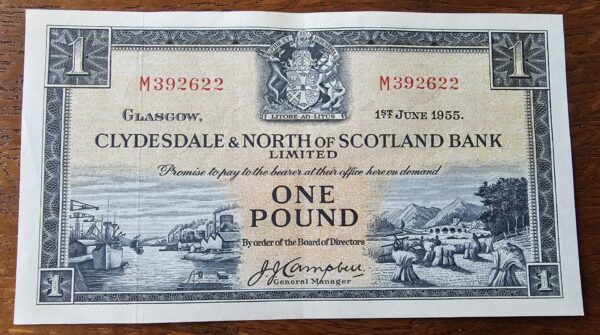 1955 Clydesdale and North of Scotland Bank One pound Banknote