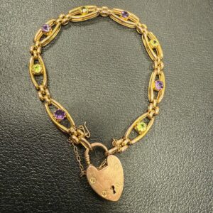 Amethyst and peridot 9ct gold padlock bracelet antique
