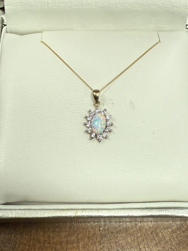 9ct gold opal and cz set pendant and chain