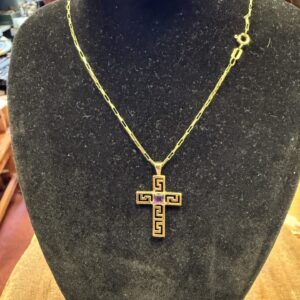 9ct gold chain and amethyst set cross