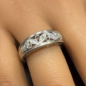 9ct gold ladies diamond set pierced floral band