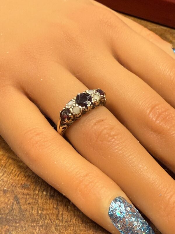 Antique garnet and pearl ladies ring