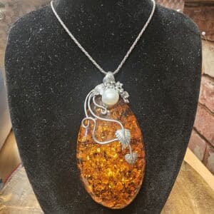 Amber Silver Pearl Pendant and Chain