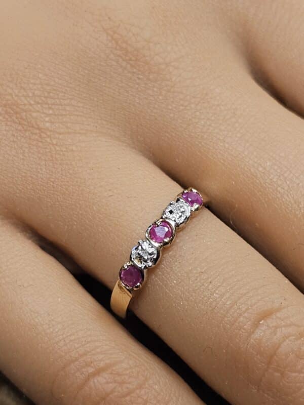 9ct yellow gold ruby and diamond half eternity ring - RUSTIC RETRO