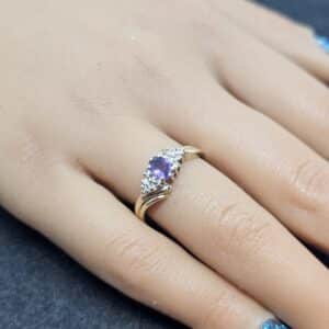 9ct Yellow Gold amethyst and diamond crossover ring