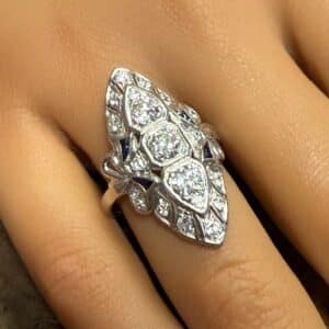Art deco platinum and diamond navette-shaped ring
