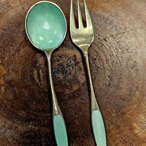 Frigast Danish Sterling Silver & Mint Green Guilloché Enamel Spoon & Fork Set