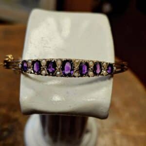 9ct Gold Amethyst & Seed Pearl Hinged Bangle