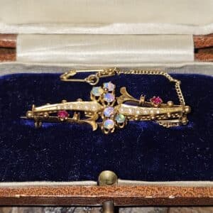 Victorian Gold Bar Brooch with Opals, Seed Pearls & Rubies