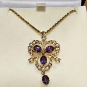 9ct Gold Amethyst & Seed Pearl Pendant Brooch