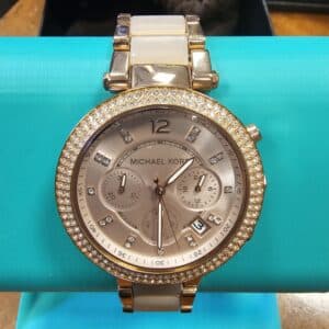 Michael Kors MK-5896 Parker Rose Gold & Blush Acetate Chronograph Watch – Boxed